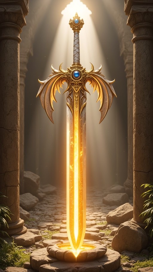 A large ornate sword with a glowing golden blade and winged crossguard embedded in a stone pedestal between ancient pillars.