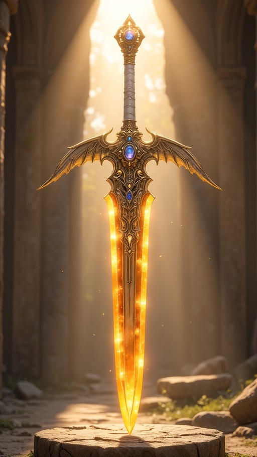 An ornate fantasy sword with a glowing golden blade and winged hilt embedded in a stone stump inside a sunlit ruin.