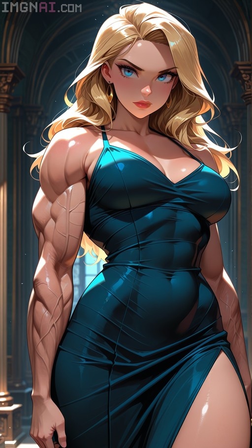A muscular blonde woman in a shiny blue dress stands in an arched hall.