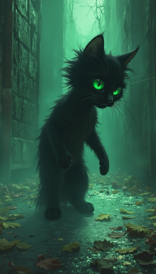 A scruffy black cat with bright green eyes stands on its hind legs in a foggy, green-lit path covered with fallen leaves.