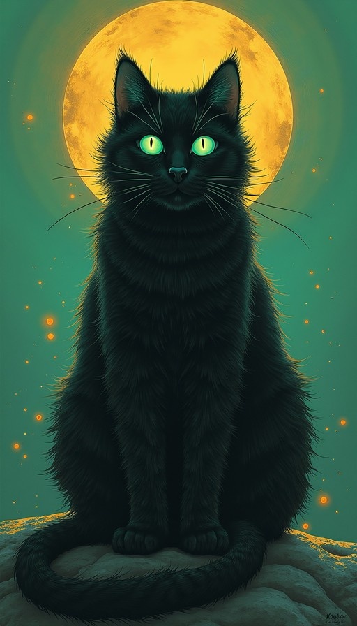 A fluffy black cat with bright green eyes sits on a rock in front of a large yellow full moon against a teal sky with floating lights.