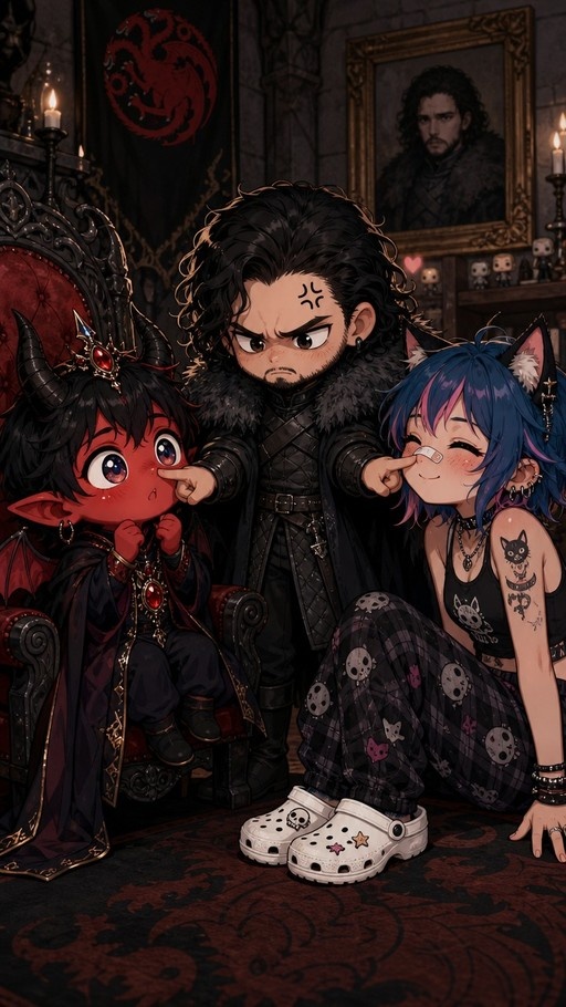 A chibi Jon Snow in a fur cloak pokes the cheeks of a red demon girl and a blue-haired cat girl in a dark room with a dragon banner.