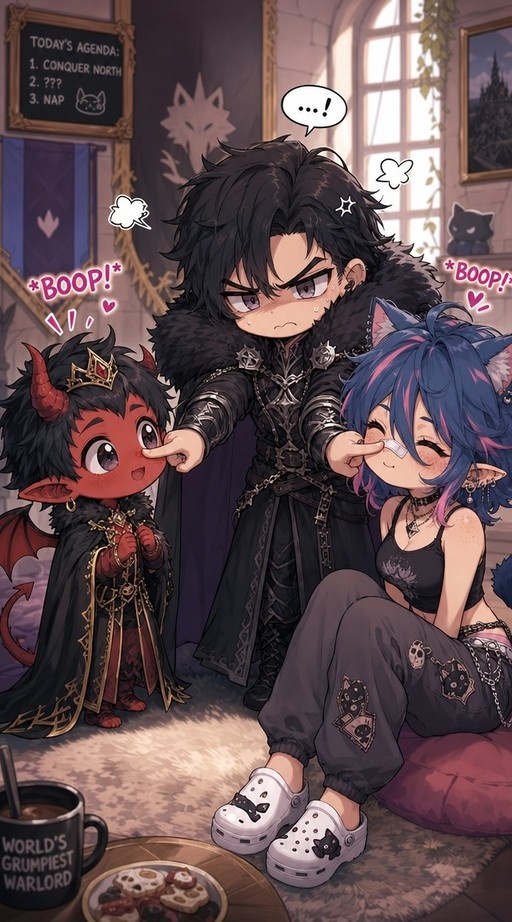 A tall dark-haired man in black armor pinches the noses of a small red horned demon and a blue-haired cat girl with a bandage on her nose in a fantasy setting.