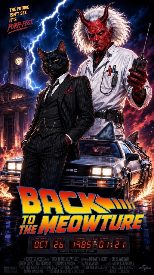 A movie poster for 'Back to the Meowture' showing a black cat in a pinstripe suit and a red horned demon scientist standing in front of a DeLorean with cat ears under a lightning storm.
