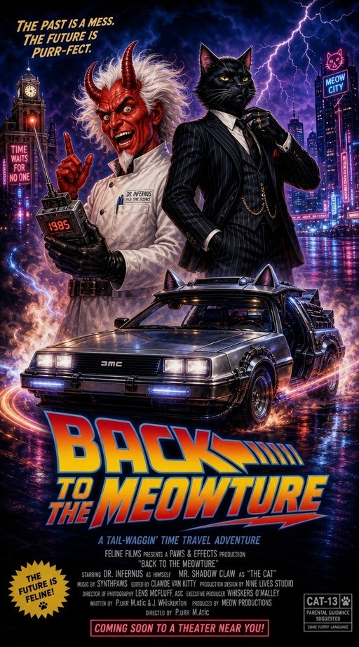 A movie poster for "Back to the Meowture" showing a red-skinned demon and a black cat in a suit standing behind a DeLorean with cat ears.