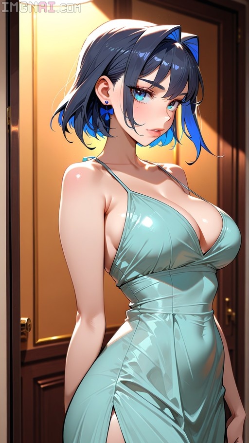 Digital illustration of Ouro Kronii in a tight, shiny light blue spaghetti strap dress standing by a wooden door.