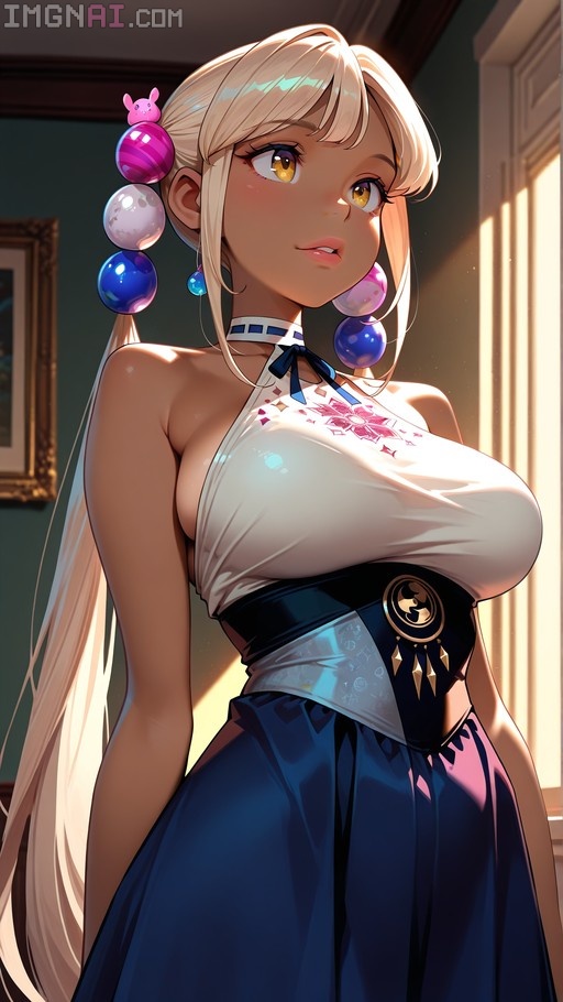 Tsukumo Sana with long blonde twintails and large spherical hair accessories wearing a white halter top and blue skirt indoors.