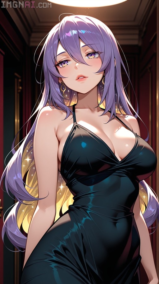 Moona Hoshinova with long purple hair and mismatched eyes wearing a black halter dress indoors.