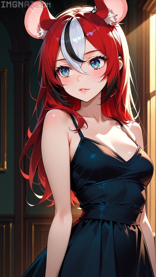 Anime portrait of Hakos Baelz with red and white hair wearing a black dress.