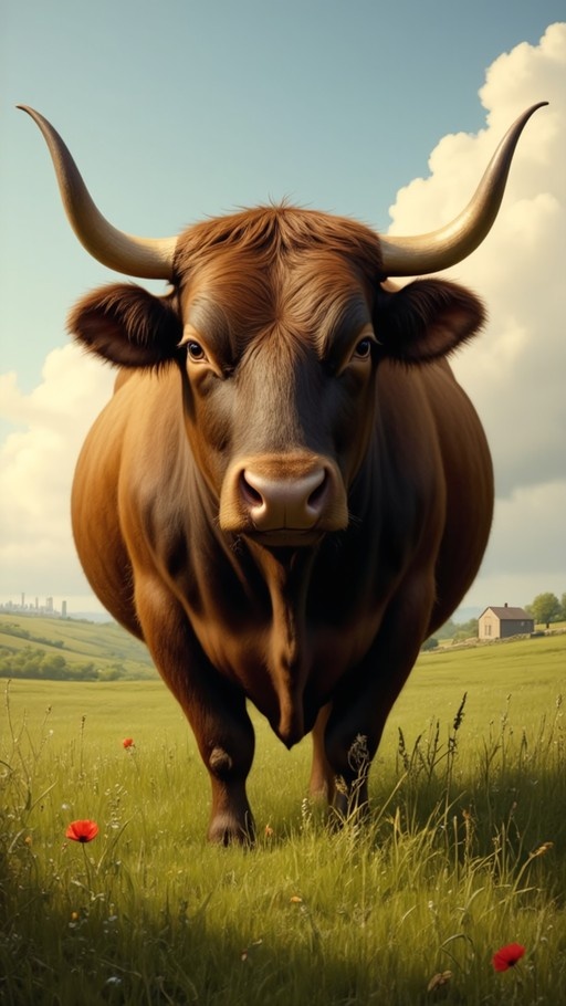 A large brown bull with long curved horns walks through a grassy field with red flowers towards the viewer, with a house and distant city in the background under a blue sky.