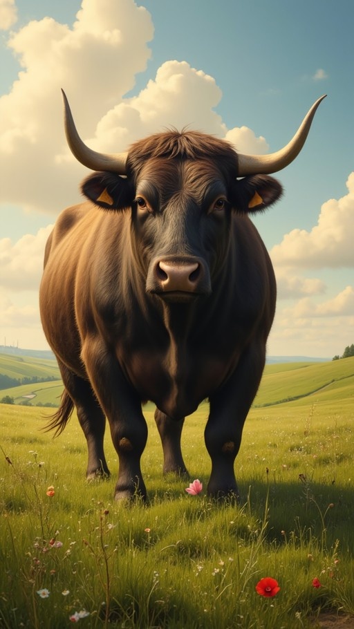 A brown bull with long curved horns stands in a grassy meadow filled with red and pink wildflowers, gazing forward against a backdrop of rolling green hills and a cloudy blue sky.