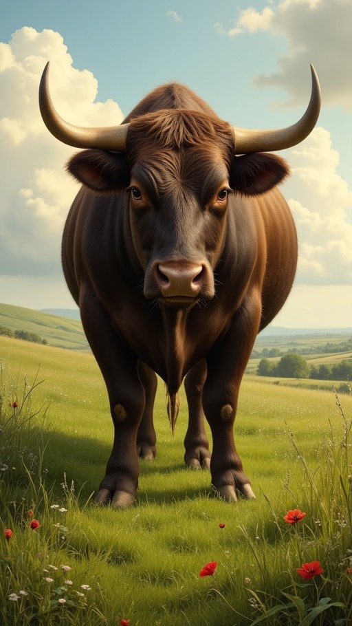 A large brown bull with curved horns stands in a green field of grass and red flowers, looking directly at the camera under a cloudy blue sky.