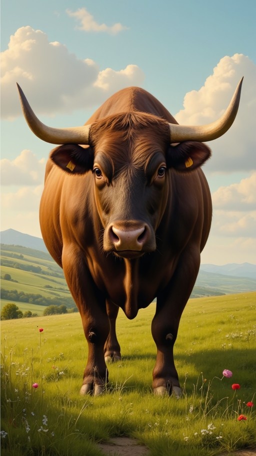 A large brown bull with curved horns and yellow ear tags stands in a grassy meadow filled with wildflowers, looking directly at the viewer against a backdrop of rolling hills and a blue sky.