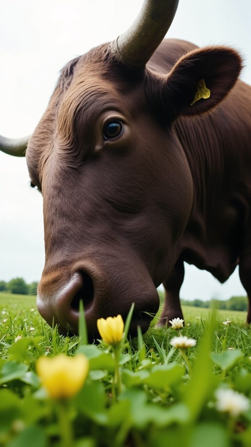 A close-up of a brown cow with horns and an ear tag looking down at yellow flowers in a grassy field.