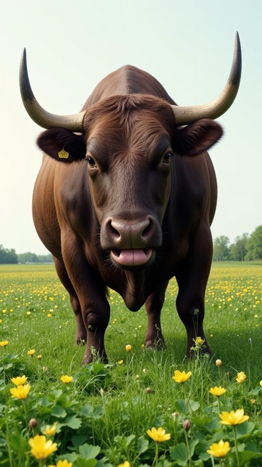 A brown cow with large curved horns stands in a green meadow filled with yellow wildflowers, looking at the camera with its tongue sticking out.
