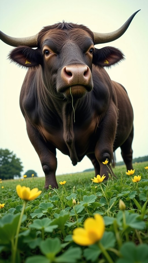 A close-up view of a brown cow with large horns standing in a field of yellow flowers, looking at the camera with grass in its mouth.
