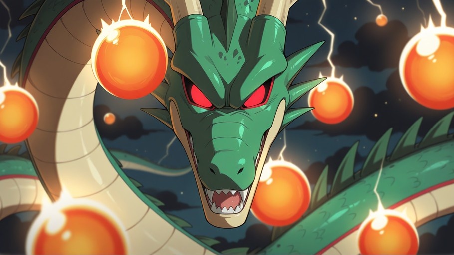 A large green dragon with red eyes and sharp teeth floats in a dark stormy sky surrounded by glowing orange spheres.
