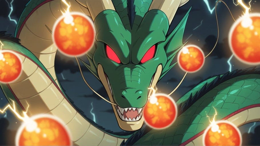 A close-up of Shenron, the green dragon from Dragon Ball, with glowing red eyes and sharp teeth, surrounded by floating orange Dragon Balls and lightning against a cloudy sky.
