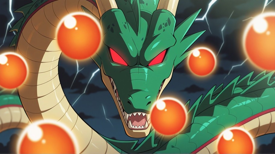A digital illustration of the green dragon Shenron from Dragon Ball Z surrounded by floating orange Dragon Balls against a dark stormy sky with lightning.