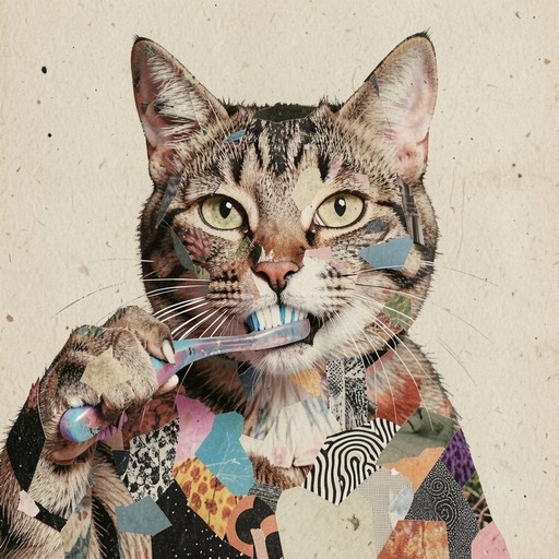 A digital collage of a tabby cat holding a toothbrush and brushing its teeth.