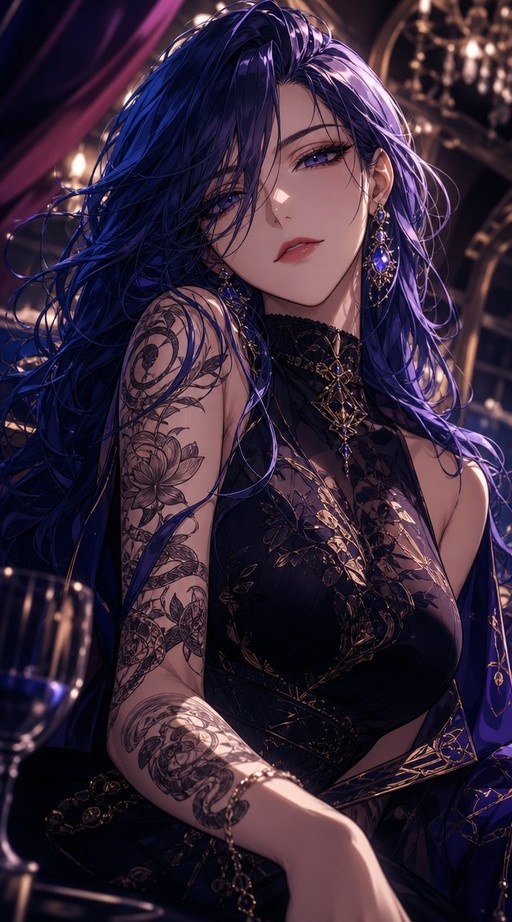 A digital illustration of a woman with long blue hair and purple eyes wearing a black dress with gold embroidery and large earrings, featuring detailed floral tattoos on her arm, set against a background with a chandelier.