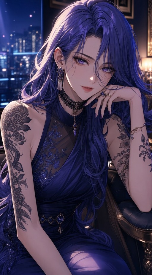 A digital illustration of a woman with long purple hair and floral arm tattoos wearing a dark blue dress and jewelry, sitting by a window with city lights in the background.
