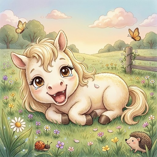 A cute blonde pony foal lying in a flower field with butterflies, a hedgehog, and a snail