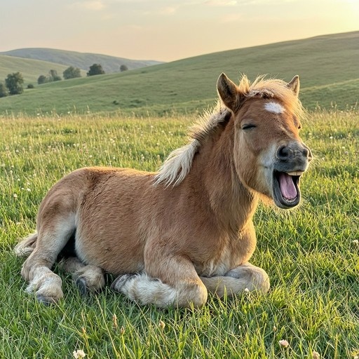 A brown and white foal lies in a grassy field yawning with its mouth wide open while rolling hills appear in the background.