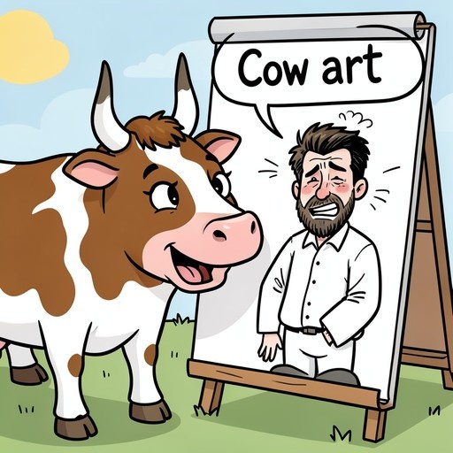 A brown and white cow stands next to an easel displaying a canvas with a drawing of a blushing bearded man and the text "Cow art".