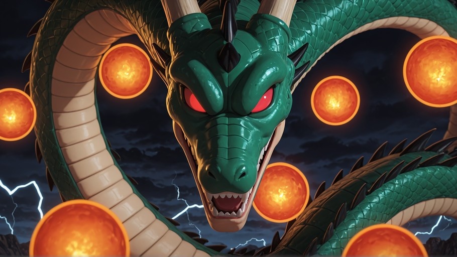 A close-up of a large green Eastern dragon with red eyes and black horns, surrounded by floating orange Dragon Balls against a dark, lightning-filled sky.