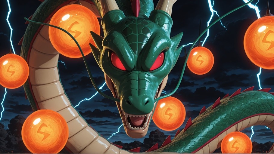 Green Eastern dragon Shenron surrounded by glowing orange Dragon Balls in a lightning storm