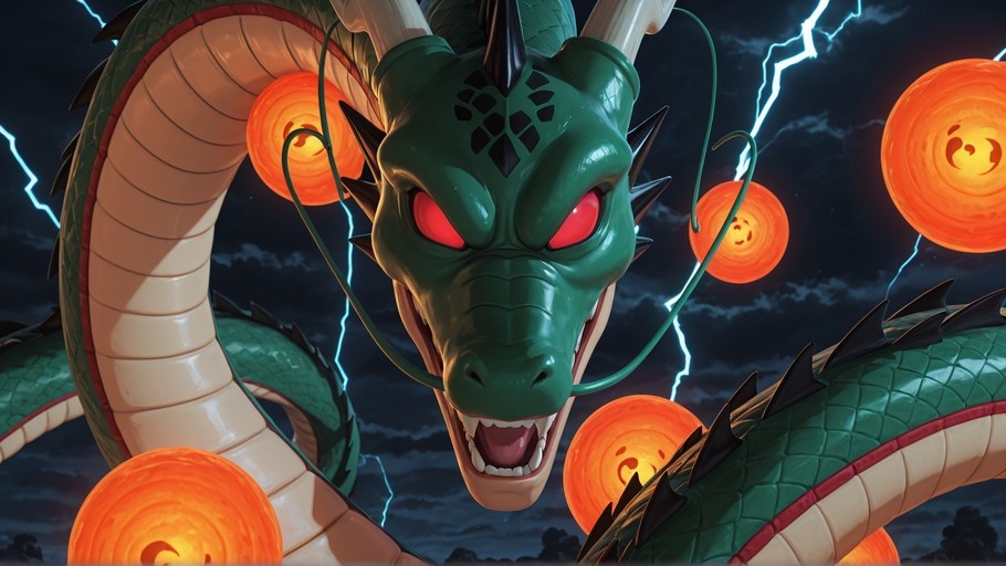A large green dragon with red eyes and black horns rises amidst floating orange spheres against a dark stormy sky with lightning.