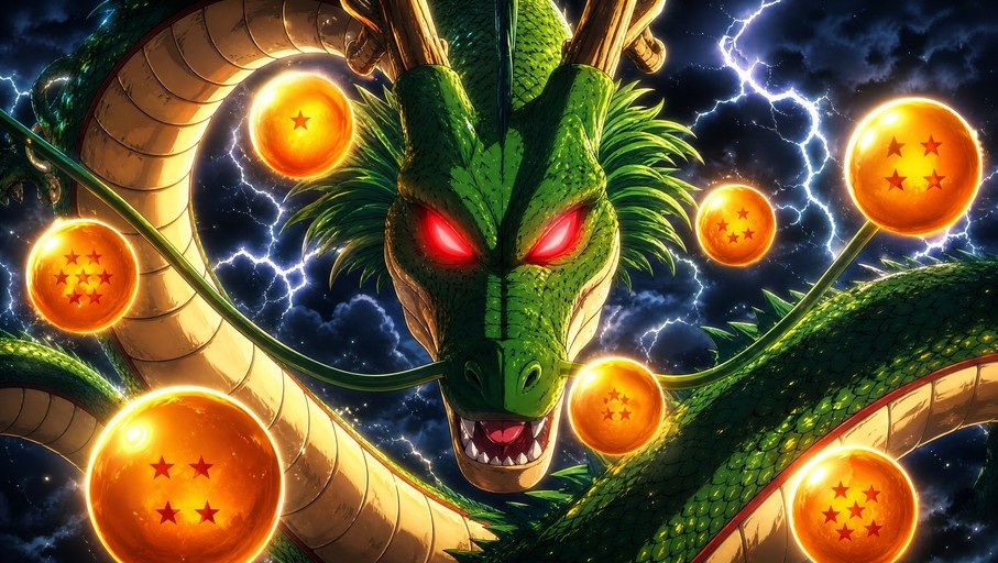 A large green Eastern dragon with glowing red eyes and curved horns is depicted amidst a stormy sky, surrounded by seven glowing orange spheres marked with red stars.