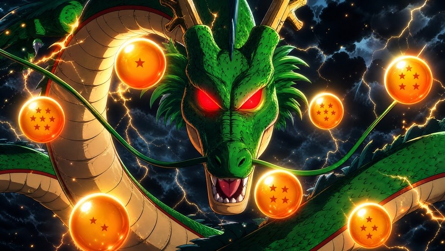 Shenron the green dragon from Dragon Ball surrounded by seven orange Dragon Balls with red stars against a stormy sky with lightning.