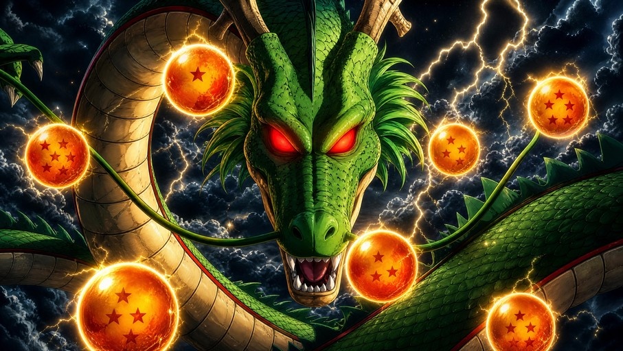 A large green dragon with red eyes and horns is surrounded by seven glowing orange balls with red stars against a stormy sky.
