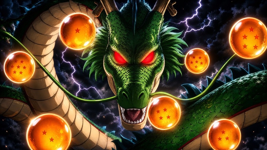 A close-up digital illustration of Shenron, the green Eastern dragon from Dragon Ball, roaring amidst a thunderstorm while surrounded by floating orange Dragon Balls with red stars.
