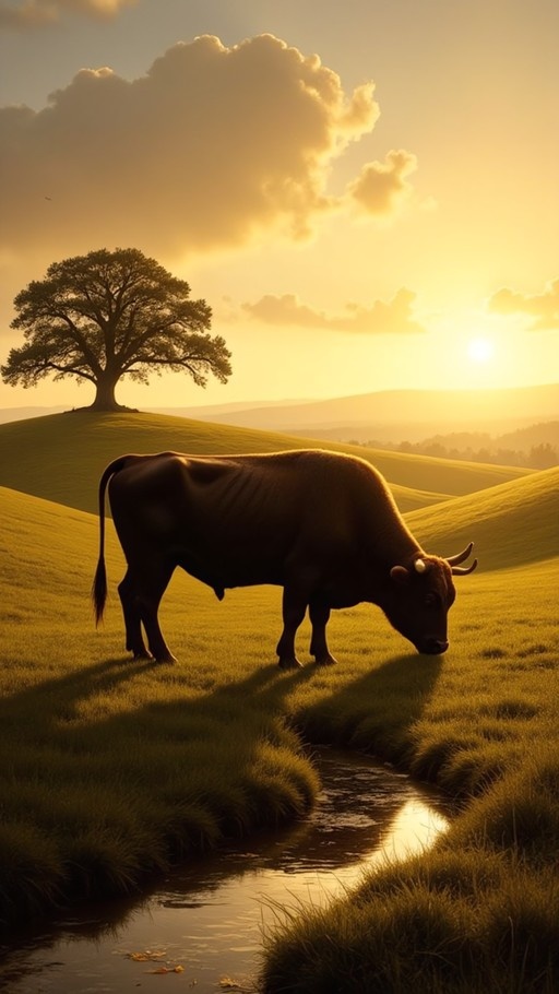 A dark bull grazing near a small stream in a grassy field with a lone tree on a hill under a golden sunset sky.