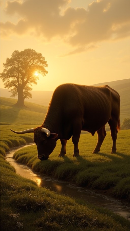 A large brown bull with curved white horns stands near a small stream in a grassy field as the sun sets behind a tree.