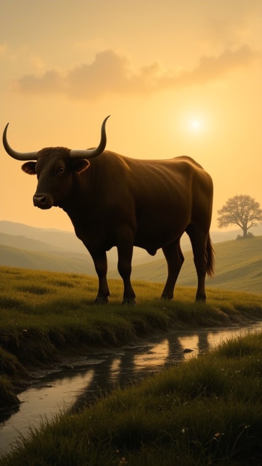 A brown bull with curved horns stands on a green hill next to a stream during a golden sunset.
