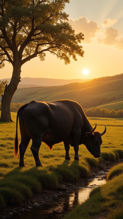 A black bull stands near a small stream in a grassy field with rolling hills and a large tree under a sunset sky.