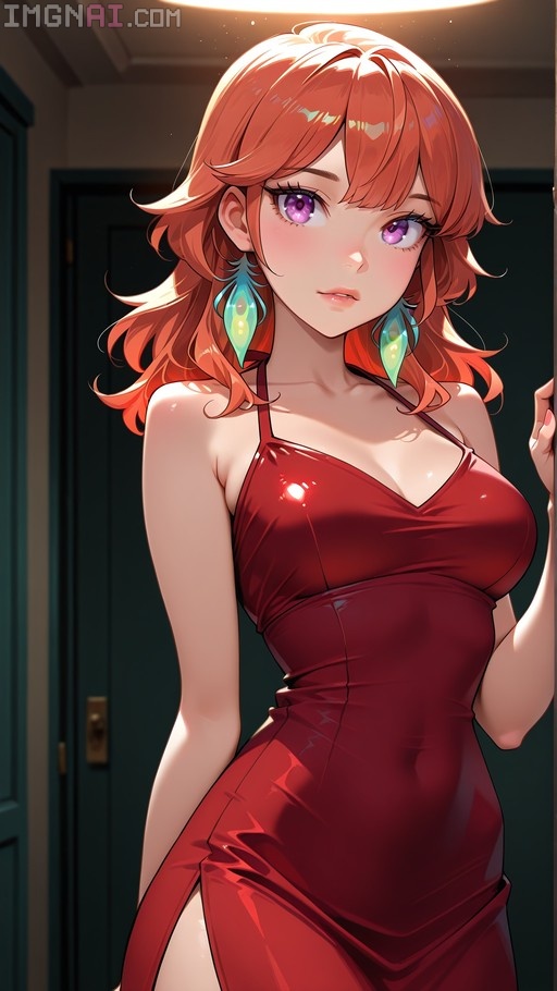 Takanashi Kiara with orange hair and purple eyes wearing a red dress and feather earrings.