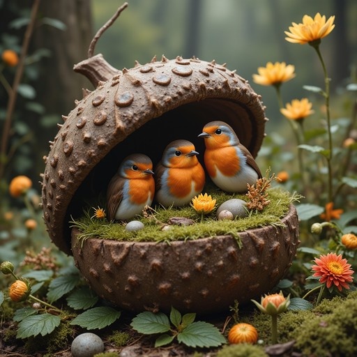 Three European robins with orange chests sitting inside a large acorn shell lined with green moss and eggs, surrounded by yellow flowers in a forest setting.
