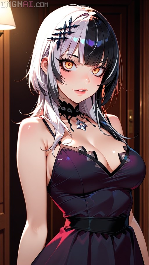 A digital illustration of Shiori Novella with black and white split hair wearing a dark purple dress and choker.