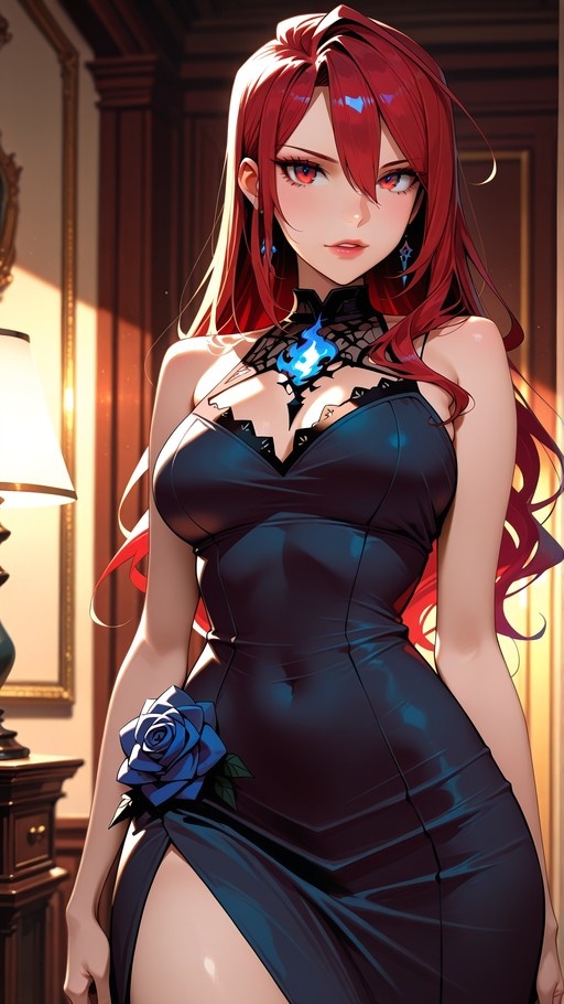 Elizabeth Rose Bloodflame stands indoors wearing a black dress with a side slit, holding a blue rose with a glowing flame accent near her neck.
