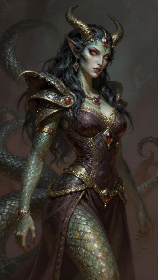 A digital painting of a green-skinned lamia demon with orange eyes and black hair, wearing gold horns and ornate armor.