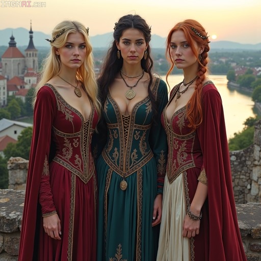 Three young women in elaborate red and green medieval gowns with gold embroidery stand on a stone balcony overlooking a town at sunset.