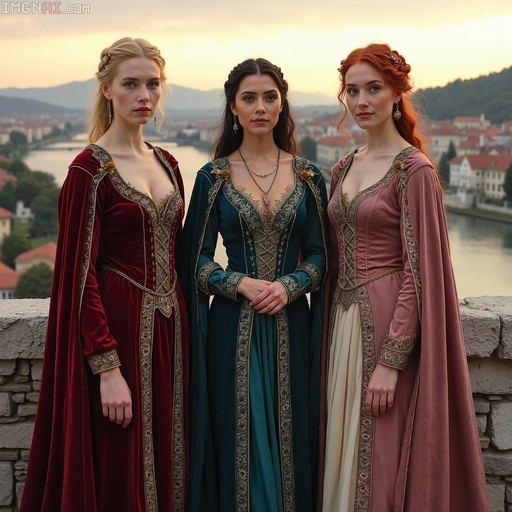Three women in elaborate medieval gowns standing on a stone balcony overlooking a town at sunset.