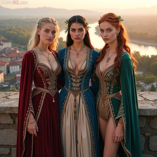 Three women in red, blue, and green medieval dresses standing on a stone wall overlooking a river valley at sunset.