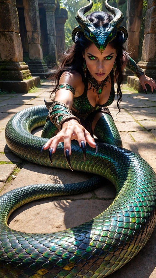 A horned lamia with green scales and eyes crouches in ancient stone ruins, reaching a clawed hand toward the viewer.