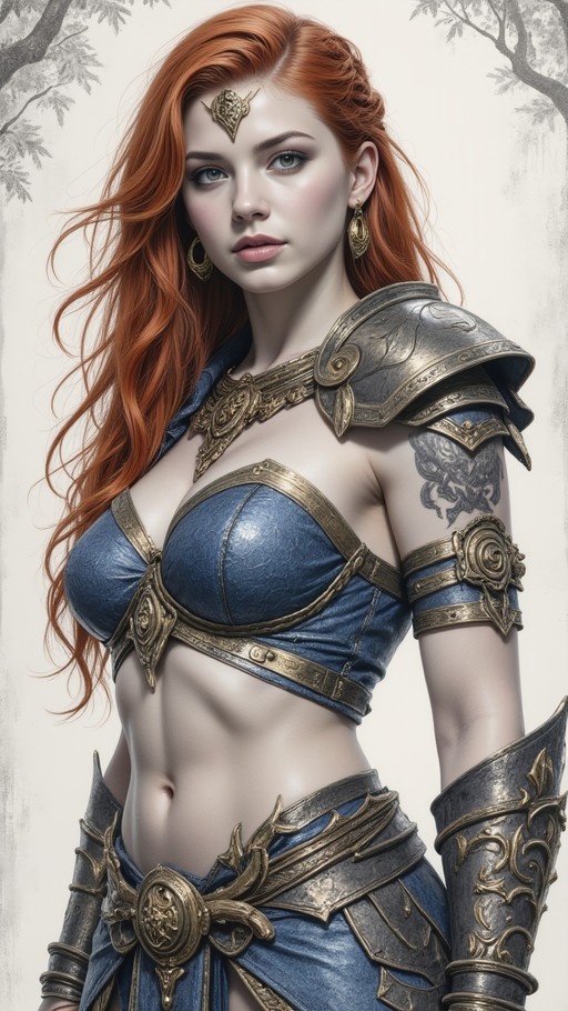 A realistic digital painting of a red-haired woman in blue and gold fantasy armor looking at the viewer.